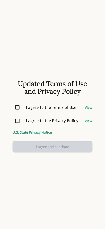 Updated terms screen