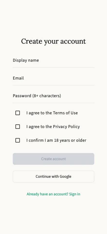 Create your account screen
