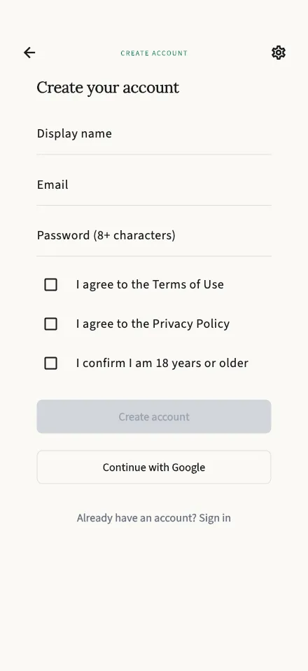 Create your account screen